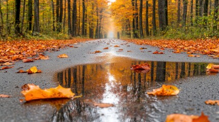 Poster - Reflective Wet Path with Leaves in Forest Setting