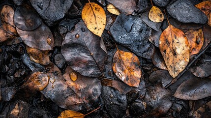 Poster - Shimmering Leaves With Droplets on Forest Floor