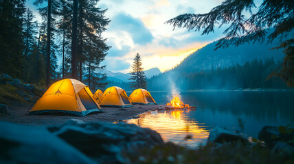group of tents around a fire on the shore of a lake