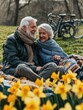 © Johannes - Horizontal low angle shot of a seated senior couple cuddling over a blanket by a daffodil field on a sunny day with their bicycles parked in the background.