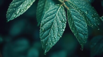 Poster - Wet Leaves with Water Droplets on the Ground in Macro