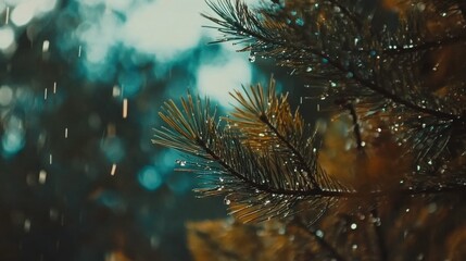 Poster - Wet Pine Needles with Droplets in Soft Natural Light