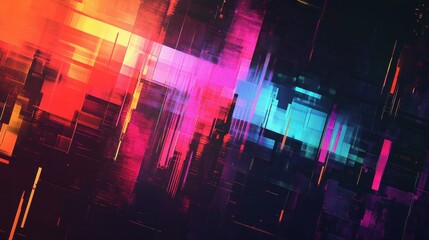 Aufkleber - Abstract digital glitch with geometric overlays and vibrant colourful grain texture overlay on a dark background