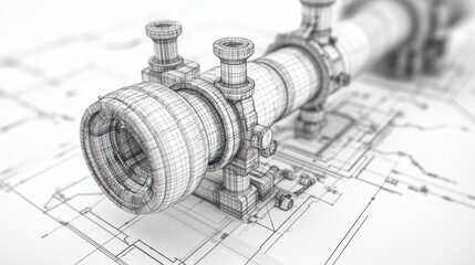 Poster - This modern wireframe illustration of an industrial valve on a white background is detailed and detailed.