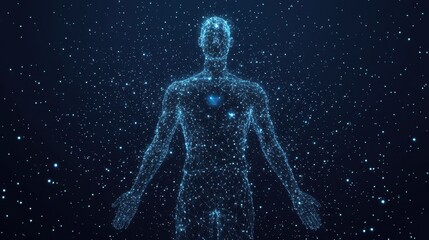 Poster - Human body low poly wireframe. Vector polygonal image in the form of a starry sky or space, consisting of points, lines, and shapes in the form of stars with destruct shapes