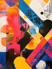 Poster - A modern wallpaper design featuring vibrant geometric patterns with circles, triangles, and bold colors creating a dynamic abstract composition