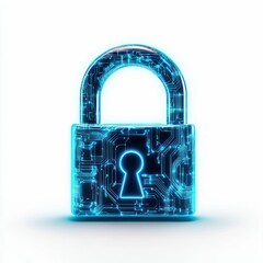 Poster - Futuristic Padlock Made of Interconnected Glowing Blue Circuits Isolated on White