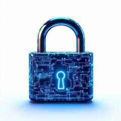 Poster - Futuristic Padlock Made of Interconnected Glowing Blue Circuits Isolated on White