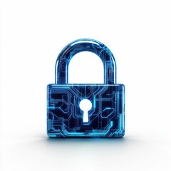 Poster - Futuristic Padlock Made of Interconnected Glowing Blue Circuits Isolated on White