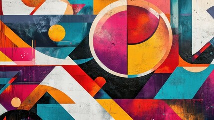 Poster - A modern wallpaper design featuring vibrant geometric patterns with circles, triangles, and bold colors creating a dynamic abstract composition