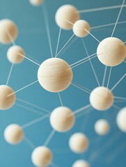 Poster - Abstract network structure with interconnected wooden spheres and strings on blue background, representing connection, technology, and communication.
