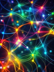 Poster - Abstract creative flow of ideas represented as colorful lines connecting multiple brains, idea network, collaborative business concepts
