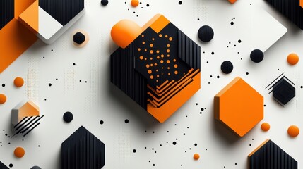 Poster - Abstract geometric patterns with black and orange shapes on a light background for creative design inspiration