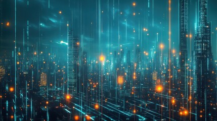 Poster - a futuristic cityscape made of data lines and glowing points representing a digital world
