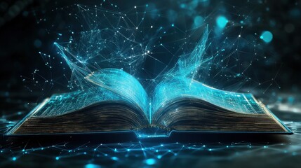 Poster - stock image of futuristic digital technology open book with polygonal glowing lines.