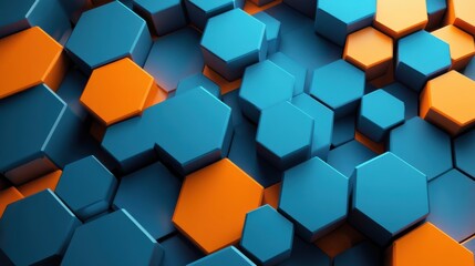 Poster - abstract blue and orange hexagon pattern background 3d illustration - minimalist geometric shapes design