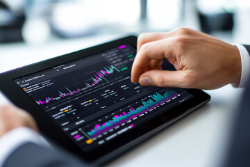 Poster - A business professional in formal attire engages with sophisticated stock charts on a sleek tablet device