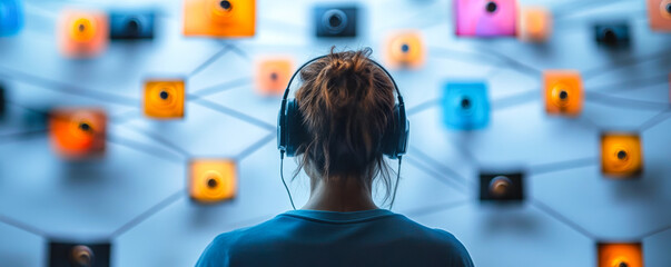 Poster - Person with headphones observing interconnected network of colorful squares on wall, representing technology and focus concept