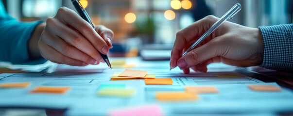 Poster - Collaborative Teamwork with Hands Writing Strategic Business Ideas and Planning on Sticky Notes in Office