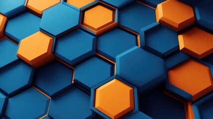 Poster - abstract blue and orange hexagon pattern background 3d illustration - minimalist geometric shapes design