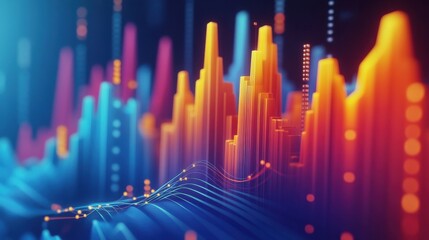 Poster - Colorful 3D graphs and charts on blue background, representing data analysis and growth. vibrant colors enhance visual appeal of statistical elements