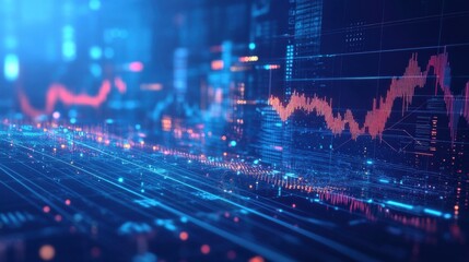 Poster - Dynamic financial chart with fluctuating graphs and glowing elements on a blue background