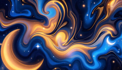 Wall Mural - Abstract Celestial Swirls of Gold Blue and Stars