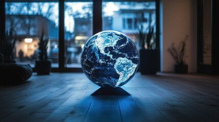 Poster - an abstract globe shines with blue light, symbolizing a global network and the vast expanse of cyber