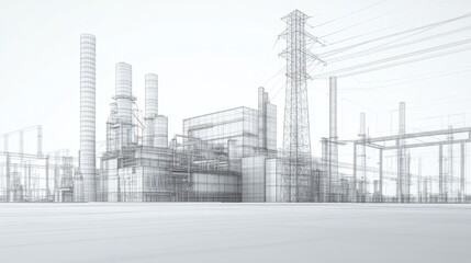 Poster - Wireframe Illustration of a Power Plant