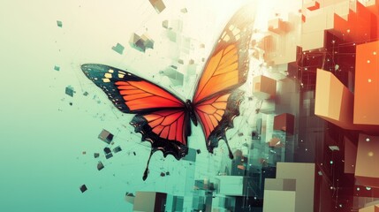 Poster - A cutting-edge vector illustration depicting an abstract butterfly in flight over a network of linked digital blocks. The design, characterized by its low poly wireframe style with a 3D isometric eff