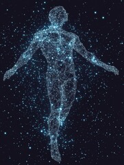 Poster - Human body low poly wireframe. Vector polygonal image in the form of a starry sky or space, consisting of points, lines, and shapes in the form of stars with destruct shapes