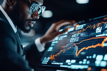 Poster - A business professional in a sleek suit studies a holographic display filled with vibrant financial metrics