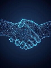 Poster - Abstract digital handshake on a dark blue background, a symbol of technology and business collaboration in the form of a low-poly wireframe vector illustration.