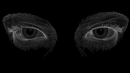 Poster - A pair of realistic eyes are rendered as a wireframe mesh on a black background.