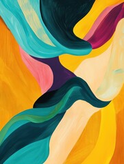 Poster - Abstract mustard yellow and teal artwork, with flowing shapes and vibrant colors for a bold look