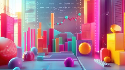 Poster - Stylized data visualization with colorful graphs and charts representing growth and analysis in a digital format.