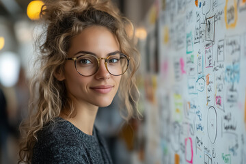 Poster - A group of professionals energetically shares creative ideas on a whiteboard filled with colorful notes and sketches. Moments of inspiration spark collaboration in a dynamic environment
