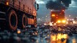 © Babb - Rain pours heavily on a highway as trucks maneuver through a challenging scene. Debris covers the road, creating obstacles for drivers in the evening light