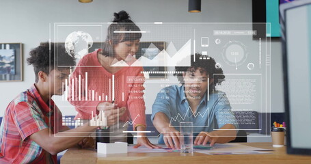 Poster - Image of data processing and diagrams over diverse colleagues discussing work
