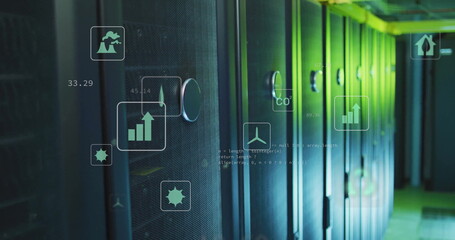 Poster - Image of data processing and ecology icons over server room