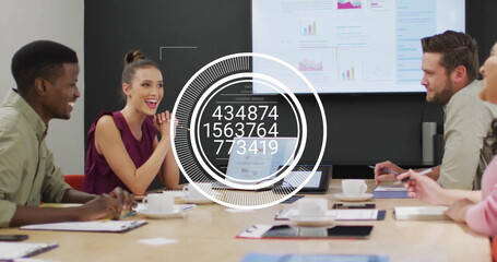 Poster - Image of data processing and diagrams over diverse colleagues discussing work