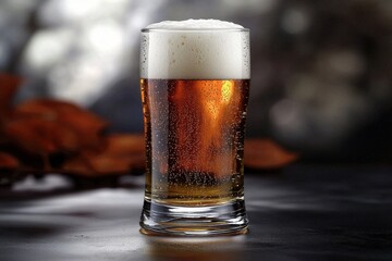 Poster - A tall glass of golden beer with frothy white head and rising bubbles against a blurred backdrop of warm colors, creating an inviting and refreshing visual.