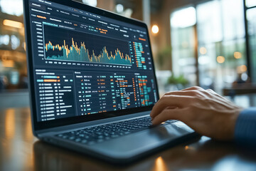 Poster - A businessman skillfully types on a keyboard while reviewing intricate financial data displayed on a sleek laptop screen in a contemporary workspace, exemplifying tech-driven finance