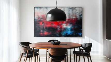 Poster - Modern Walnut Dining Area with Curved Chairs and Lighting
