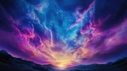 Poster - Stunning cosmic sunset mountain landscape digital art surreal environment wide-angle view vibrant colors