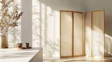 Poster - bright kitchen with smooth white countertops and a light folding screen near a clean white wall,