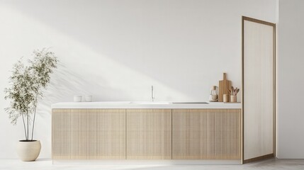 Poster - bright kitchen with smooth white countertops and a light folding screen near a clean white wall,