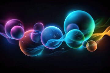 Poster - Vibrant bubbles floating in colorful light abstract art dark background dreamy atmosphere modern concept