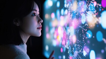 Poster - Businesswoman interacting with a futuristic digital interface, exploring colorful data visualizations and global connections on a large interactive screen in a dark environment
