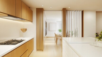 Poster - airy kitchen space where white countertops and a folding screen near a white wall combine to bring light and a sense of openness into the heart of the home